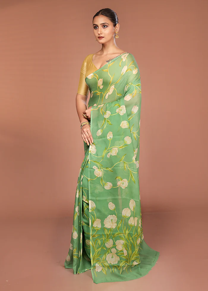 Green Handloom Chiffon Pure Silk Saree With Blouse Piece - Image 4