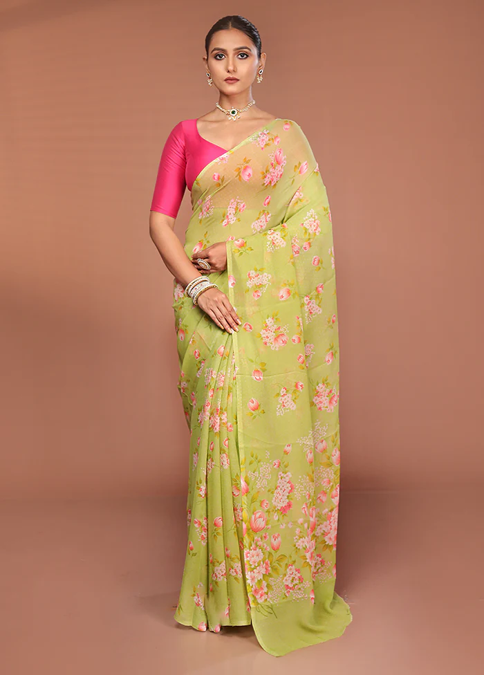 Green Handloom Chiffon Pure Silk Saree With Blouse Piece - Image 2