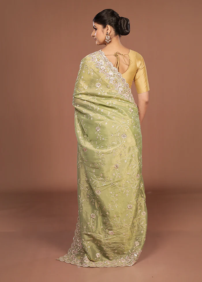Green Handloom Chiffon Pure Silk Saree With Blouse Piece - Image 3