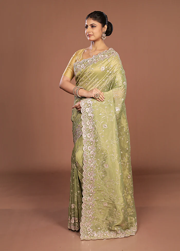 Green Handloom Chiffon Pure Silk Saree With Blouse Piece - Image 4