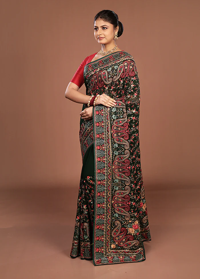 Green Handloom Chiffon Pure Silk Saree With Blouse Piece - Image 4