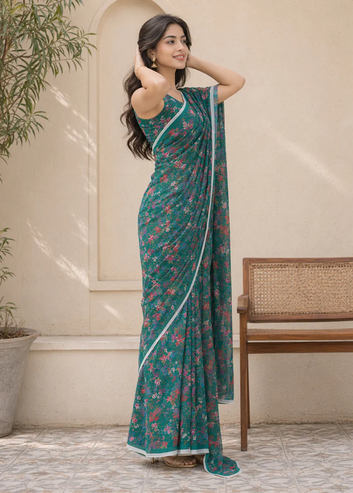 Green Handloom Chiffon Pure Silk Saree With Blouse Piece - Image 3