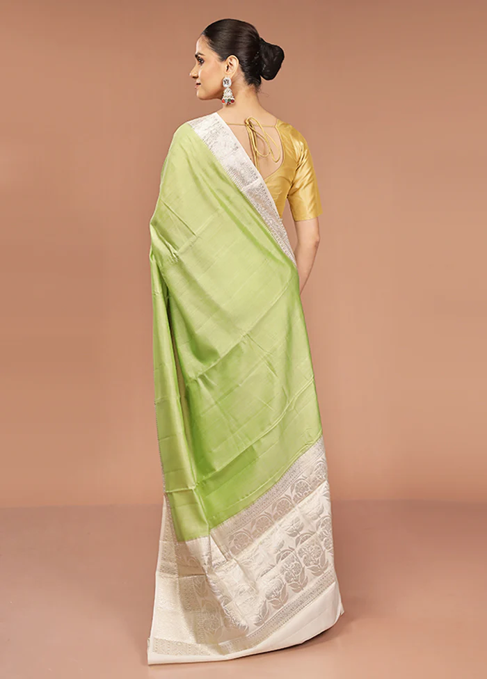 Green Handloom Dupion Pure Silk Saree With Blouse Piece - Image 3