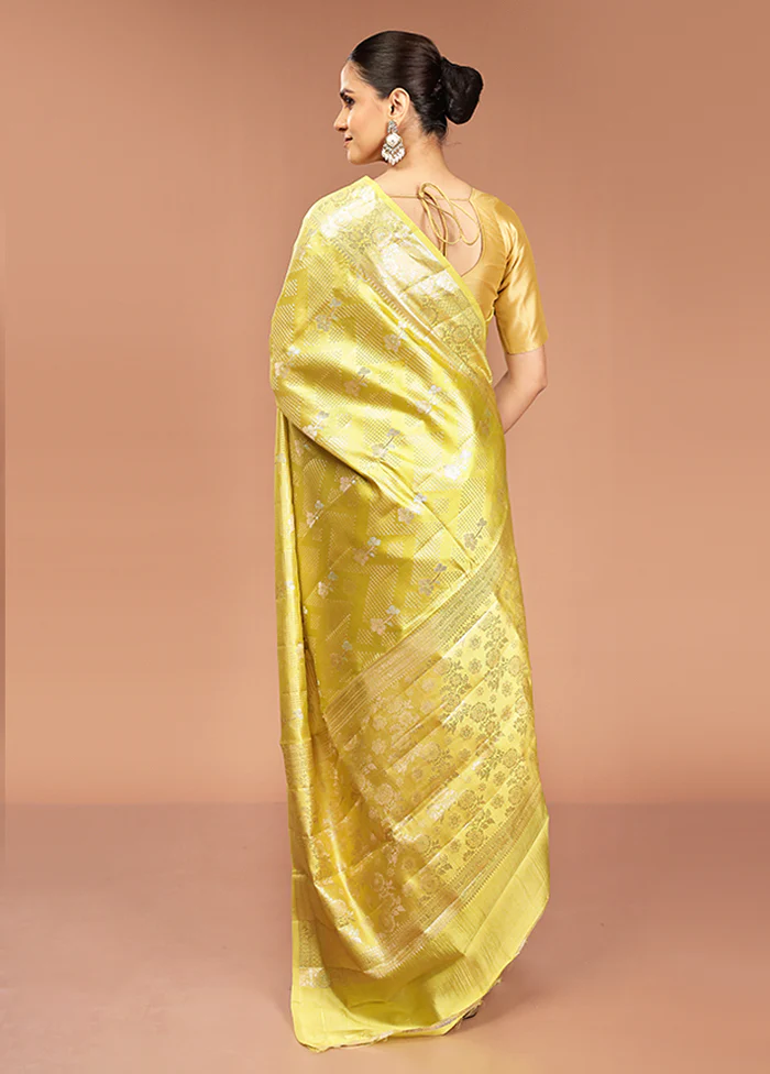 Yellow Handloom Dupion Pure Silk Saree With Blouse Piece - Image 3