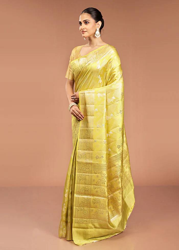 Yellow Handloom Dupion Pure Silk Saree With Blouse Piece - Image 4