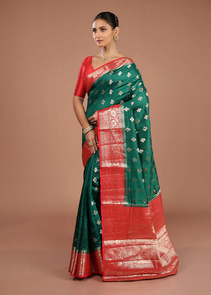 Green Handloom Dupion Pure Silk Saree With Blouse Piece - Image 4