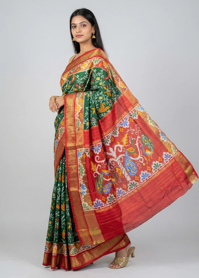 Green Handloom Ikkat Pure Silk Saree With Blouse Piece