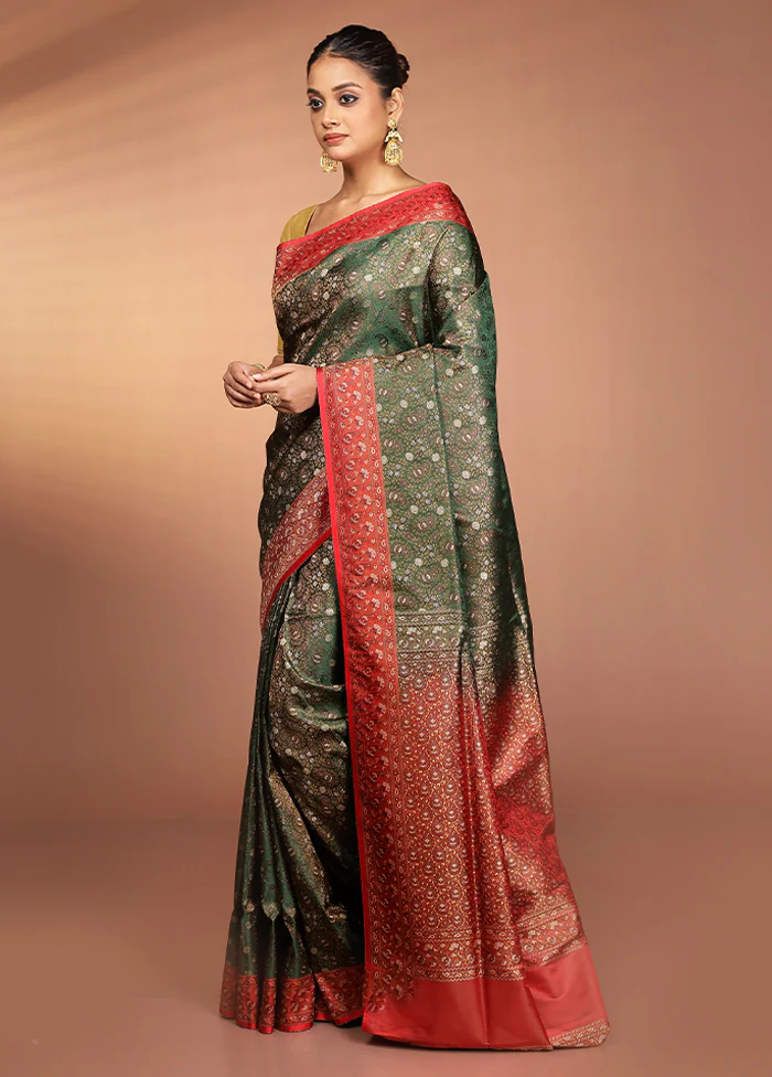 Green Handloom Jamewar Pure Silk Saree With Blouse Piece - Image 4
