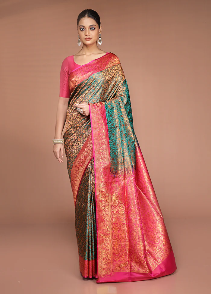 Green Handloom Jamewar Pure Silk Saree With Blouse Piece - Image 2