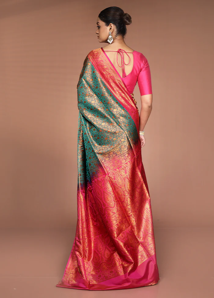 Green Handloom Jamewar Pure Silk Saree With Blouse Piece - Image 3