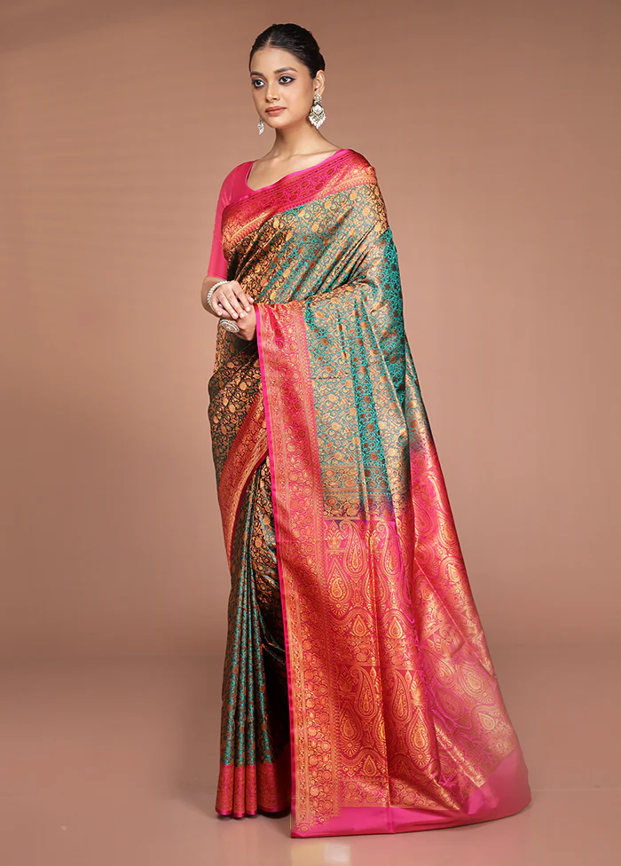 Green Handloom Jamewar Pure Silk Saree With Blouse Piece - Image 4