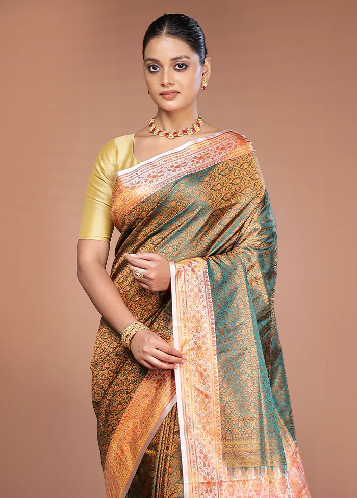 Green Handloom Jamewar Pure Silk Saree With Blouse Piece