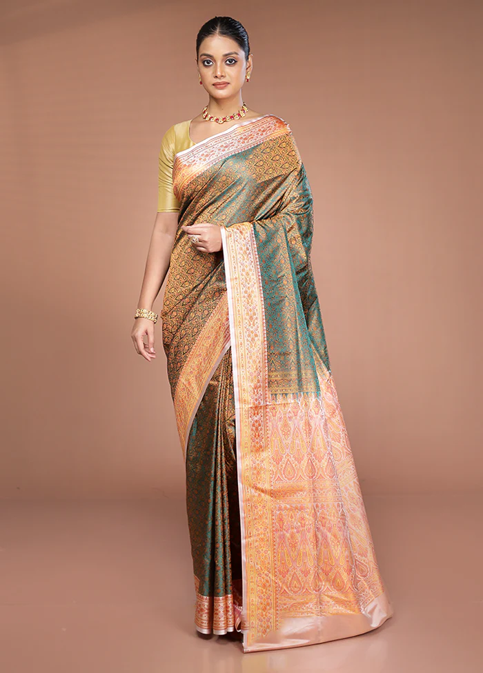 Green Handloom Jamewar Pure Silk Saree With Blouse Piece - Image 2