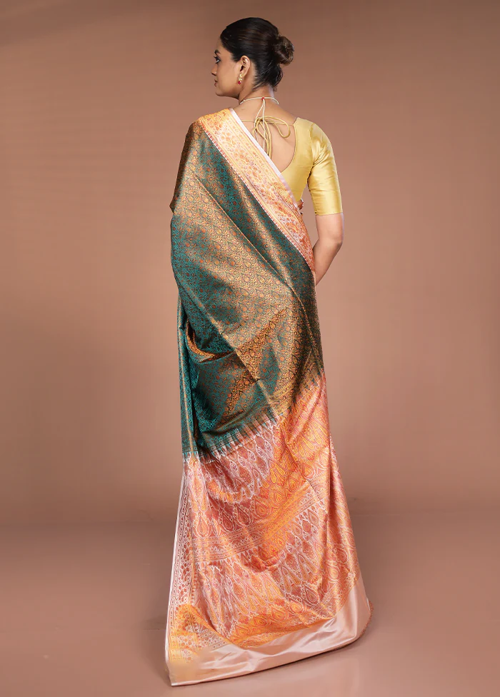 Green Handloom Jamewar Pure Silk Saree With Blouse Piece - Image 3