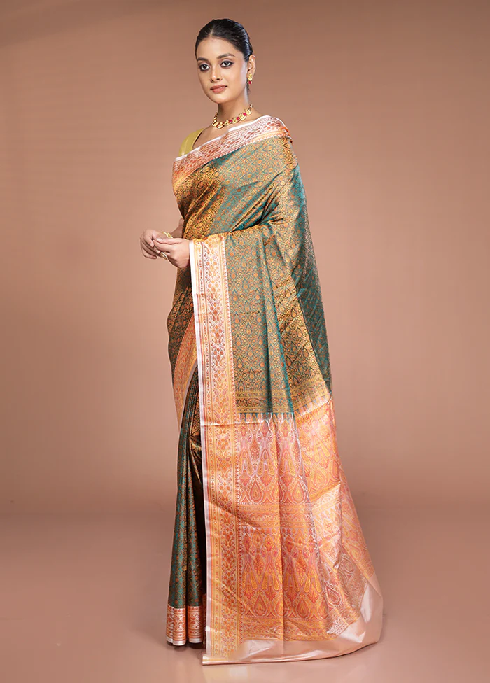 Green Handloom Jamewar Pure Silk Saree With Blouse Piece - Image 4