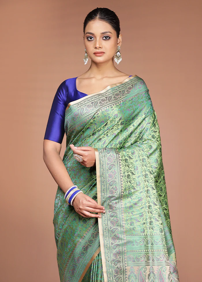 Green Handloom Jamewar Pure Silk Saree With Blouse Piece