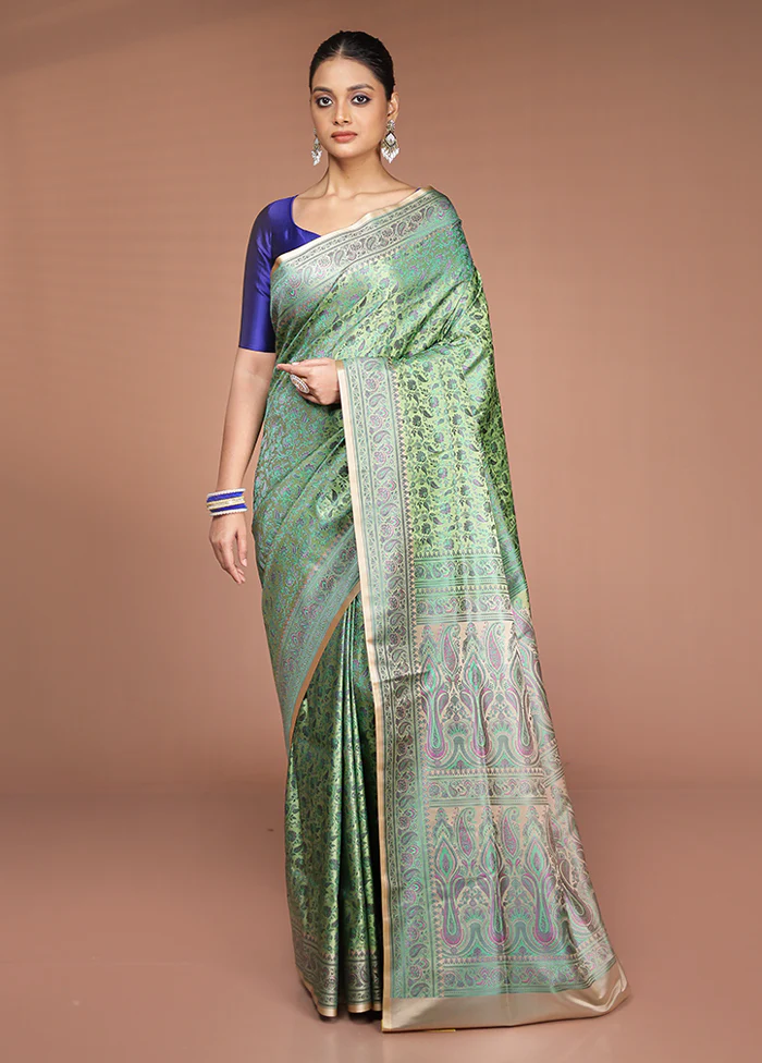 Green Handloom Jamewar Pure Silk Saree With Blouse Piece - Image 2