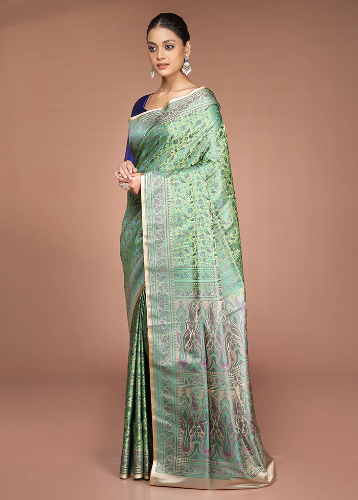 Green Handloom Jamewar Pure Silk Saree With Blouse Piece - Image 4