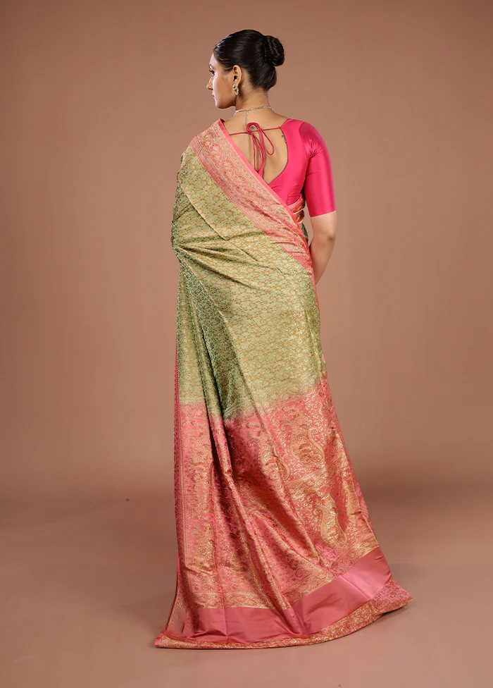 Green Handloom Jamewar Pure Silk Saree With Blouse Piece - Image 3