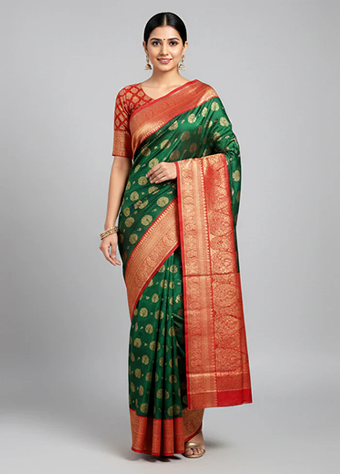 Green Handloom Kanchipuram Pure Silk Saree With Blouse Piece