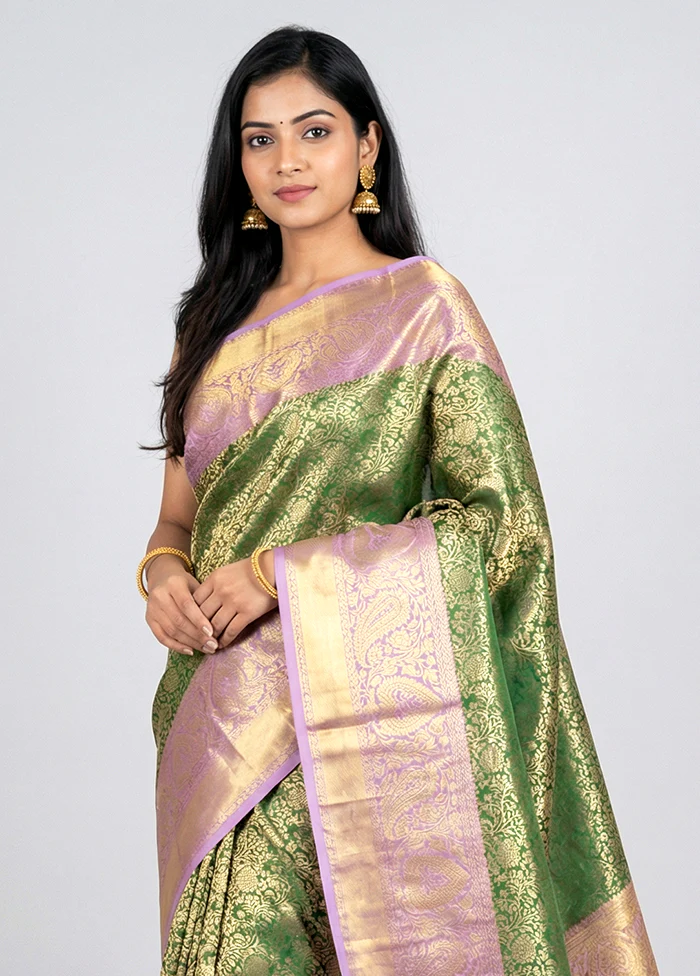 Green Handloom Kanchipuram Pure Silk Saree With Blouse Piece - Image 2
