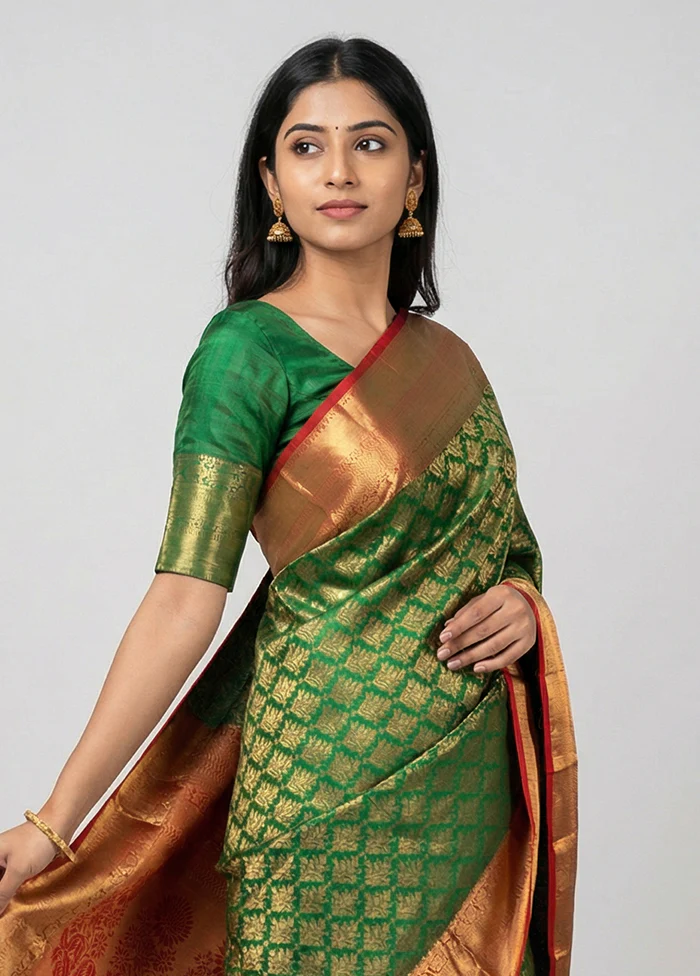 Green Handloom Kanchipuram Pure Silk Saree With Blouse Piece - Image 2