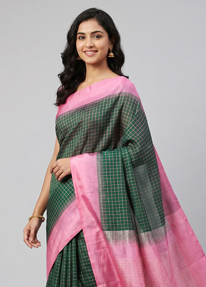 Green Handloom Kanchipuram Pure Silk Saree With Blouse Piece - Image 2