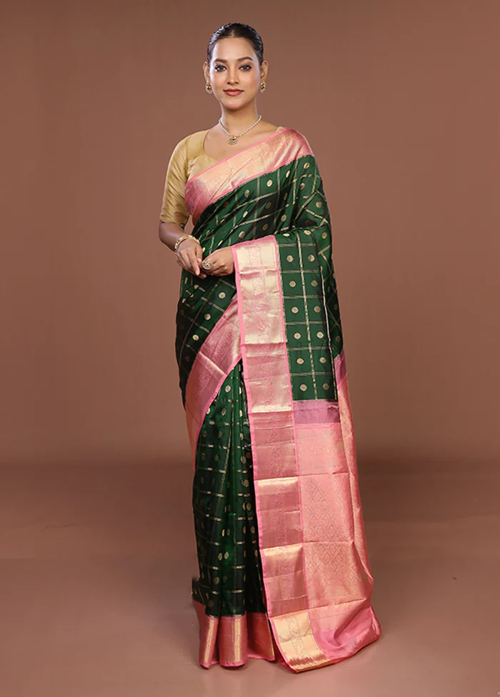 Green Handloom Kanchipuram Pure Silk Saree With Blouse Piece - Image 2