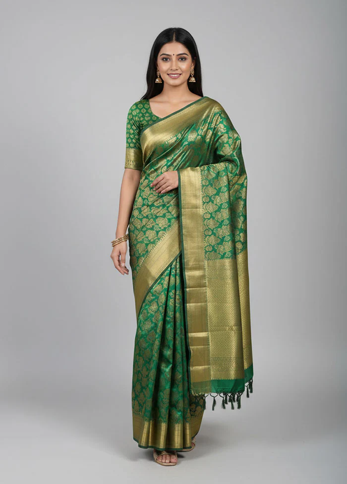 Green Handloom Kanchipuram Pure Silk Saree With Blouse Piece
