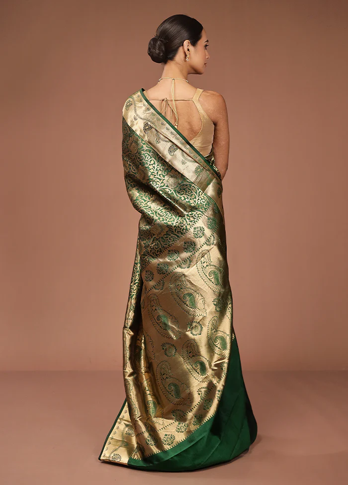 Green Handloom Kanjivaram Pure Silk Saree With Blouse Piece - Image 3