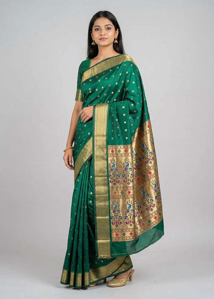 Green Handloom Kanjivaram Pure Silk Saree With Blouse Piece