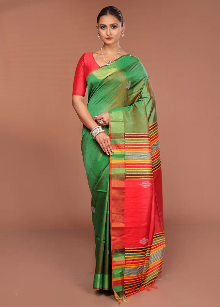 Green Handloom Kalakshetra Pure Silk Saree With Blouse Piece - Image 2