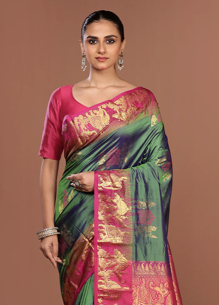 Green Handloom Kanjivaram Pure Silk Saree With Blouse Piece