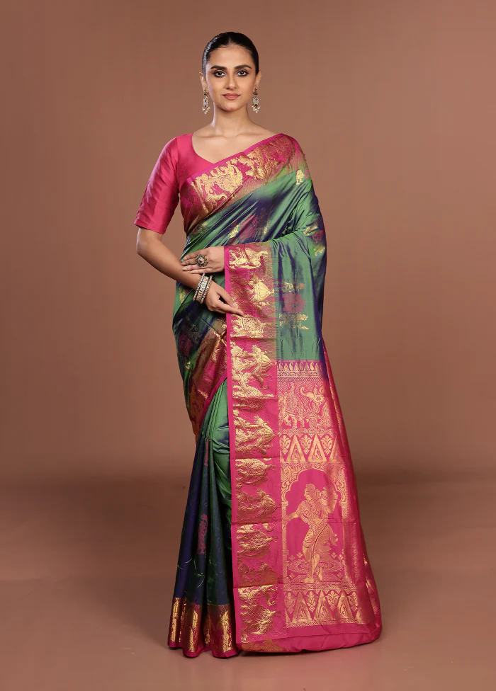 Green Handloom Kanjivaram Pure Silk Saree With Blouse Piece - Image 2