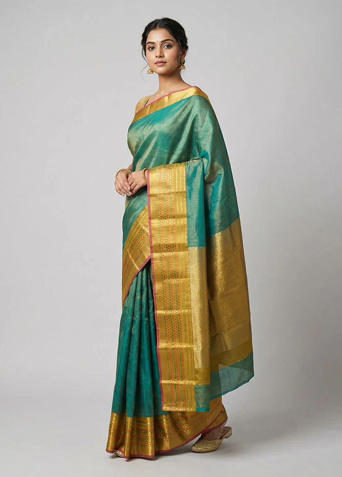 Green Handloom Kanjivaram Pure Silk Saree With Blouse Piece