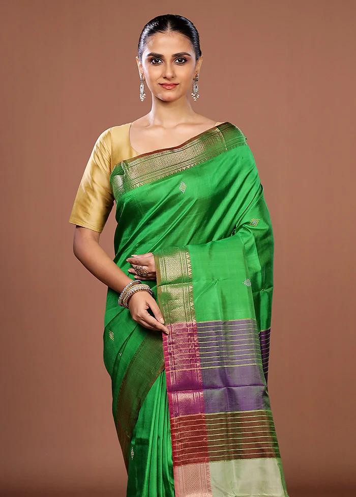 Green Handloom Kanjivaram Pure Silk Saree With Blouse Piece