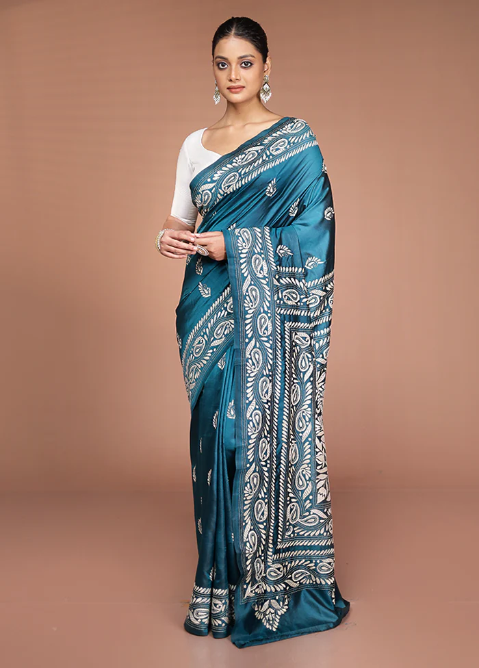 Green Handloom Kantha Stitch Pure Silk Saree With Blouse Piece - Image 2