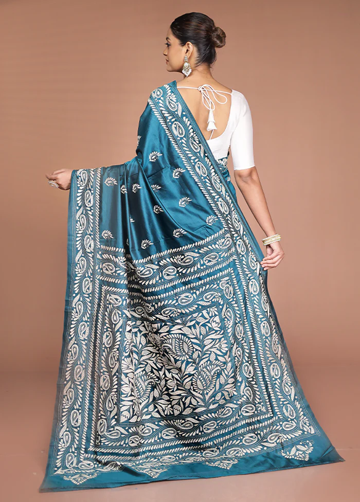 Green Handloom Kantha Stitch Pure Silk Saree With Blouse Piece - Image 3