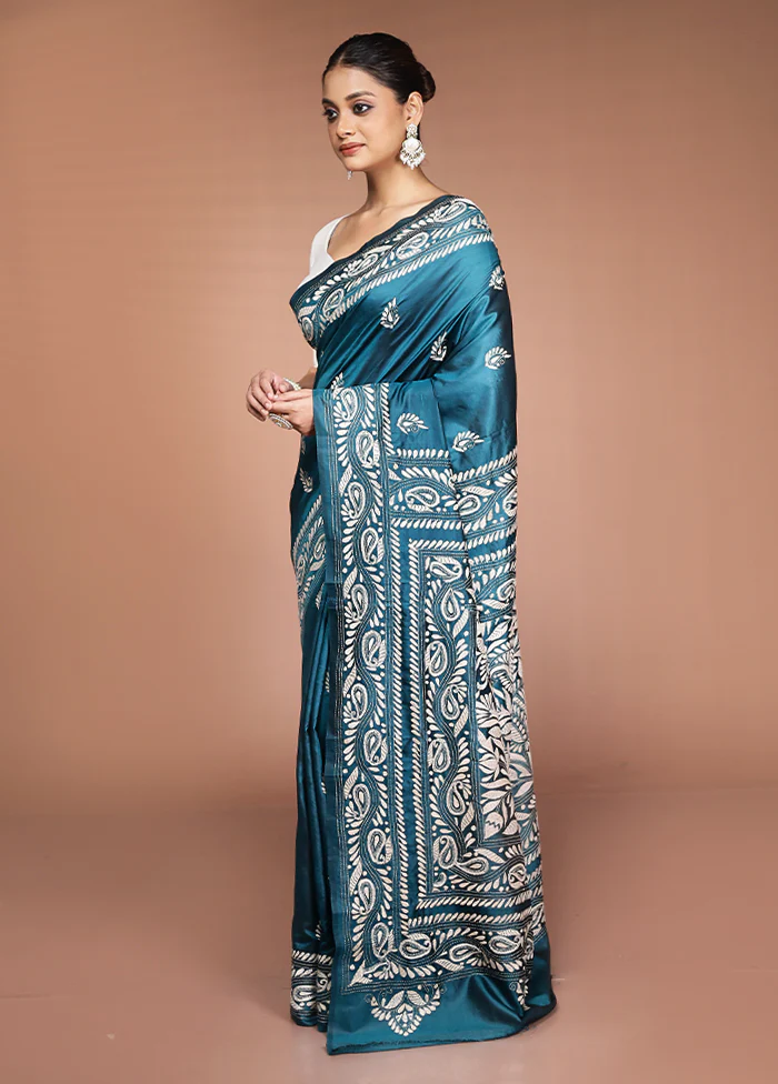 Green Handloom Kantha Stitch Pure Silk Saree With Blouse Piece - Image 4