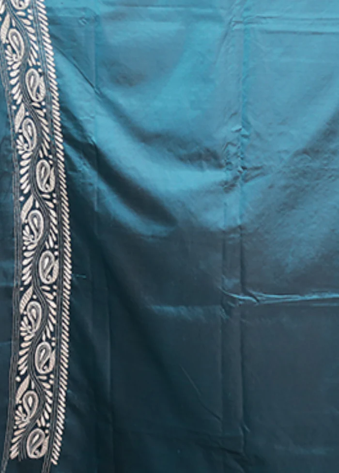 Green Handloom Kantha Stitch Pure Silk Saree With Blouse Piece - Image 5