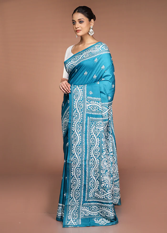 Green Handloom Kantha Stitch Pure Silk Saree With Blouse Piece - Image 4
