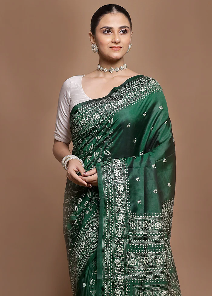 Green Handloom Kantha Stitch Pure Silk Saree With Blouse Piece - Image 2