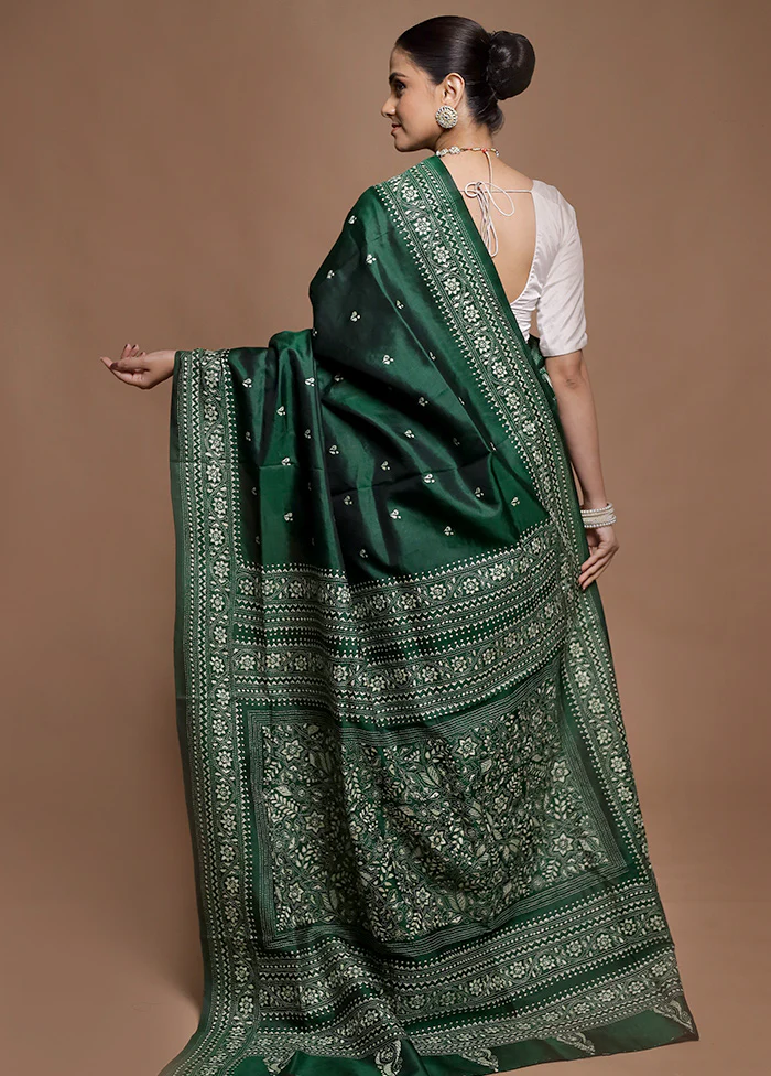 Green Handloom Kantha Stitch Pure Silk Saree With Blouse Piece - Image 3