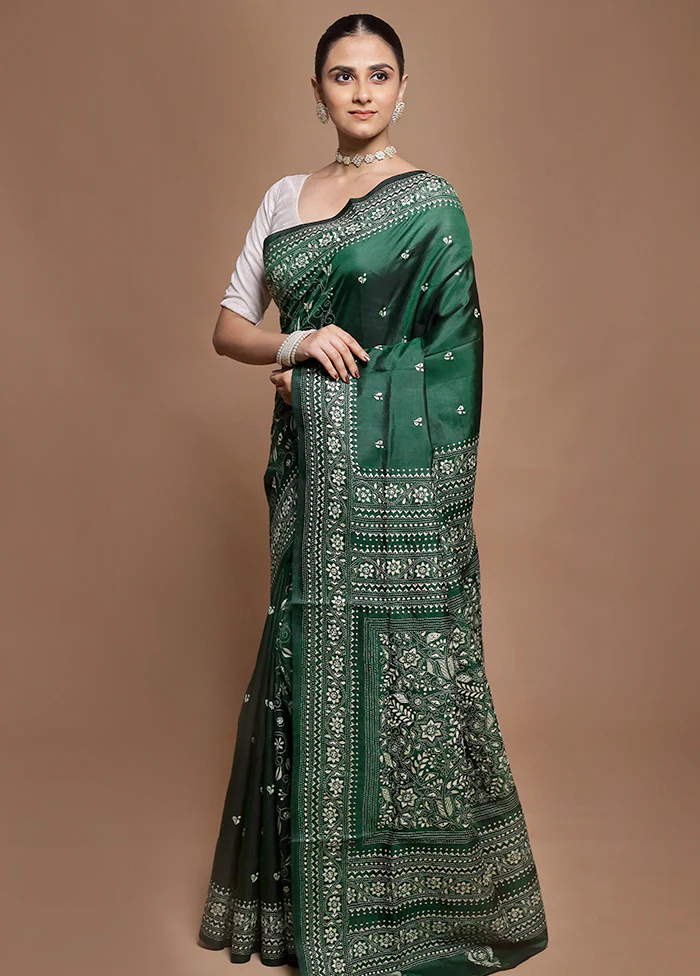 Green Handloom Kantha Stitch Pure Silk Saree With Blouse Piece - Image 4