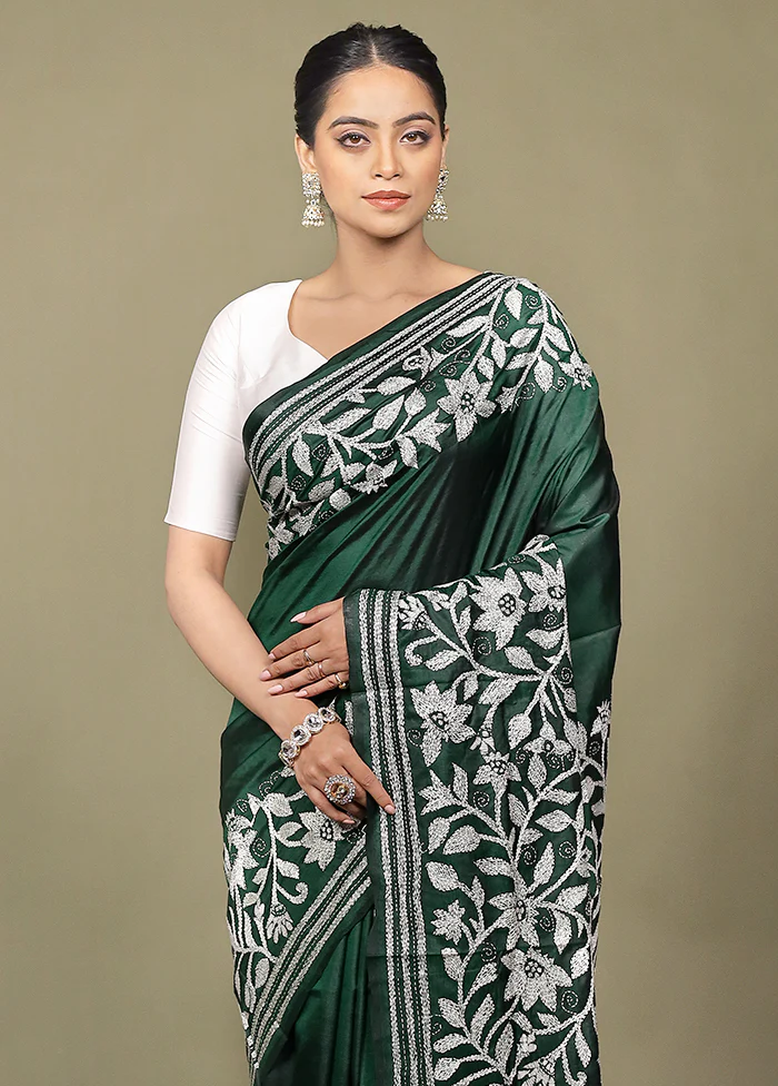 Green Handloom Kantha Stitch Pure Silk Saree With Blouse Piece