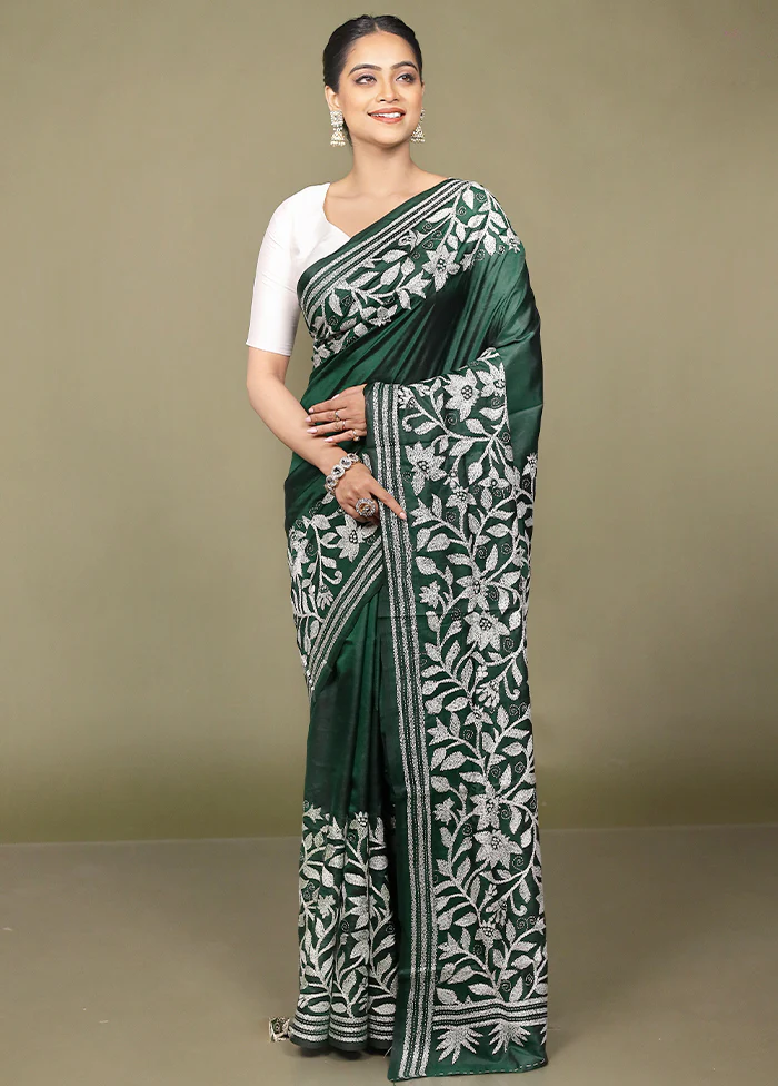 Green Handloom Kantha Stitch Pure Silk Saree With Blouse Piece - Image 2