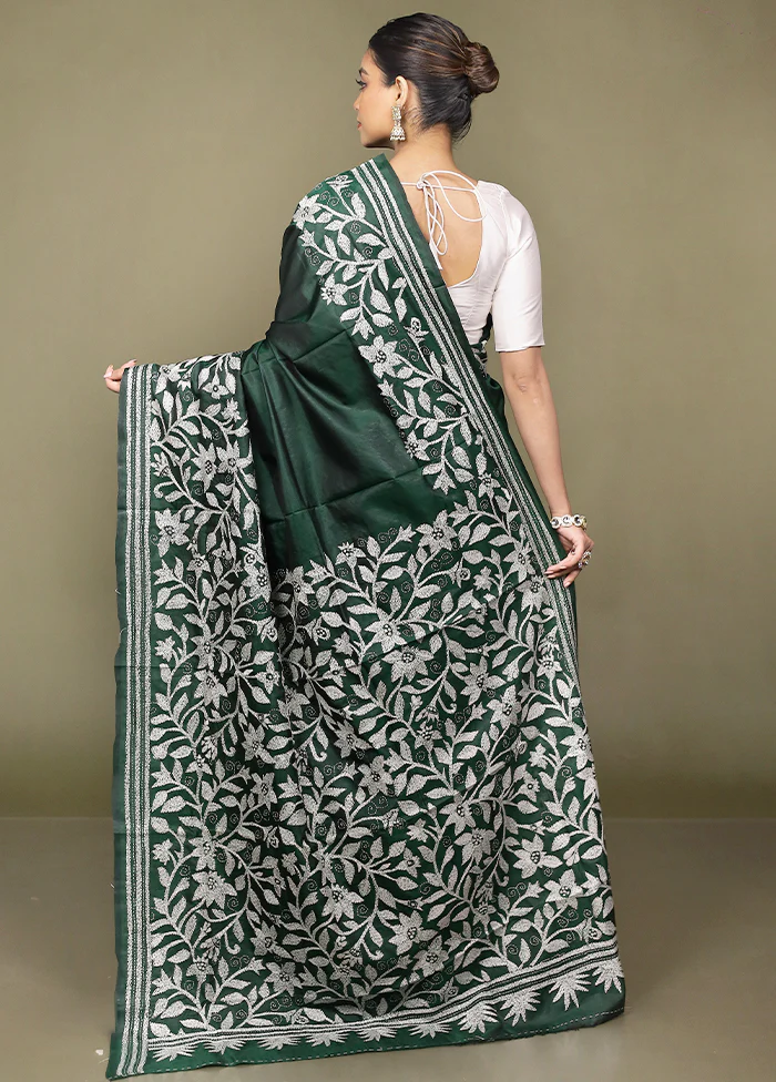 Green Handloom Kantha Stitch Pure Silk Saree With Blouse Piece - Image 3