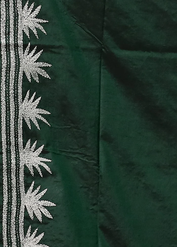 Green Handloom Kantha Stitch Pure Silk Saree With Blouse Piece - Image 5