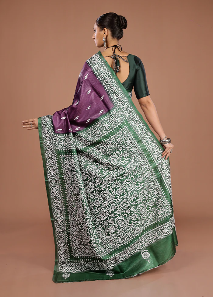 Purple Handloom Kantha Stitch Pure Silk Saree With Blouse Piece - Image 3