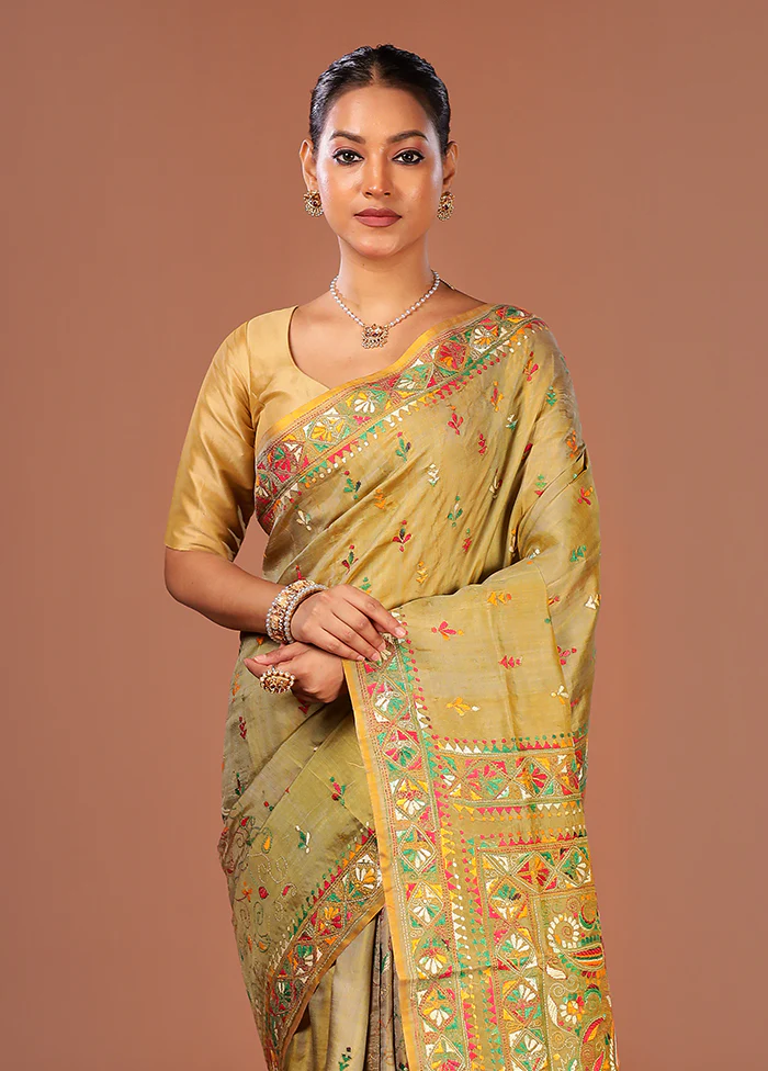 Green Handloom Kantha Stitch Pure Silk Saree With Blouse Piece